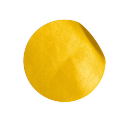 Blank yellow round crumpled paper promotion sticker label cutout isolated on a transparent background