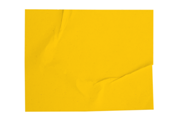 Blank crumpled yellow sticker dented paper note paper cutout with transparent background, providing copy space for text or design elements