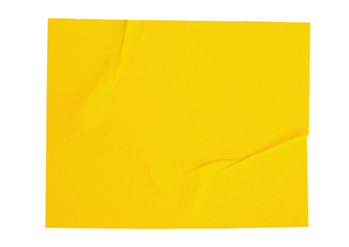 Blank crumpled yellow sticker dented paper note paper cutout with transparent background, providing copy space for text or design elements