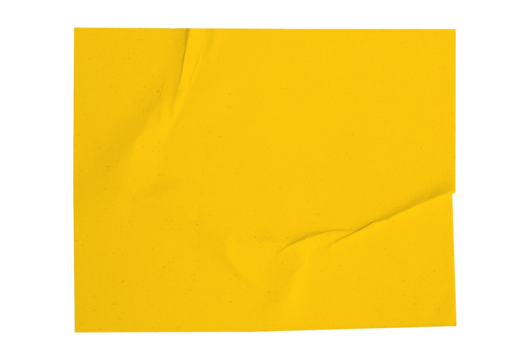 Blank crumpled yellow sticker dented paper note paper cutout with transparent background, providing copy space for text or design elements