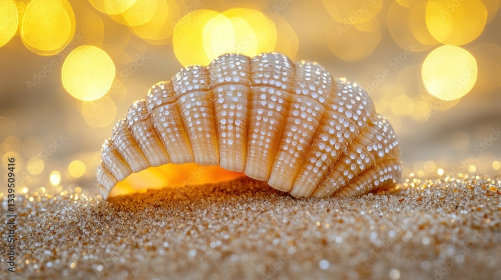 Poster ornate seashell on golden sand, sparkling bokeh