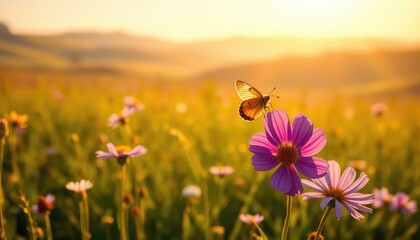 A vast meadow stretches under the golden morning sunlight, with wildflowers swaying gently in the breeze