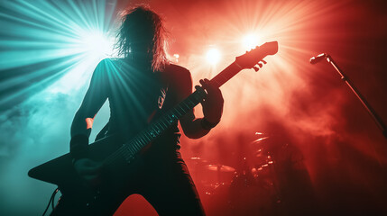 A silhouette image of heavy metal guitar hero solo on the concert stage with beautiful lighting and smoke background.