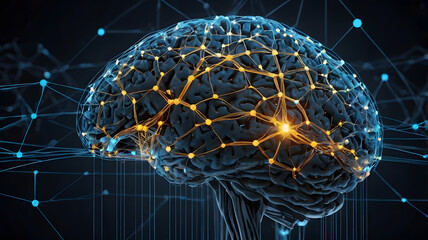 A glowing brain-shaped network made of digital nodes and interconnected lines, symbolizing AI