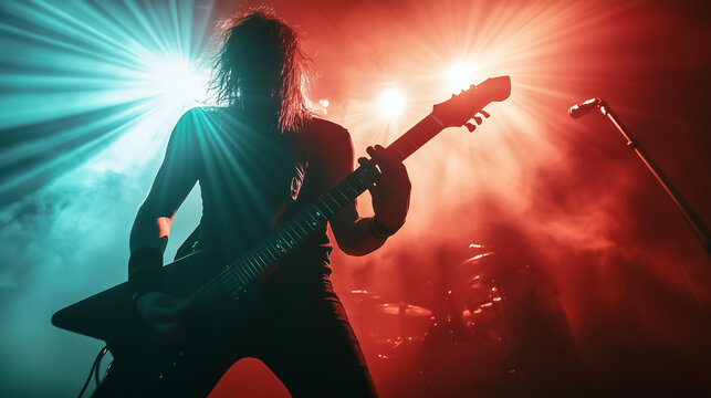 A silhouette image of heavy metal guitar hero solo on the concert stage with beautiful lighting and smoke background.