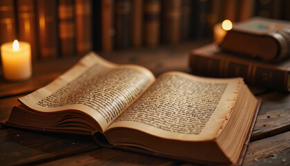 Obraz premium Ancient manuscript with calligraphy under candlelight, timeless wisdom, museum day