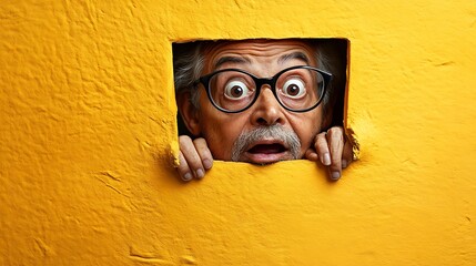 Surprised senior man peeking through hole in yellow wall.