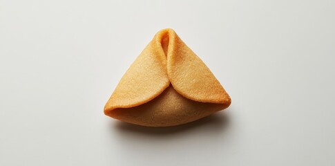 A single golden brown fortune cookie rests on a white surface