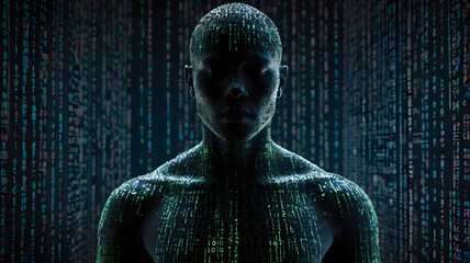 A human silhouette with a matrix of binary code flowing through their body, symbolizing the integration of AI