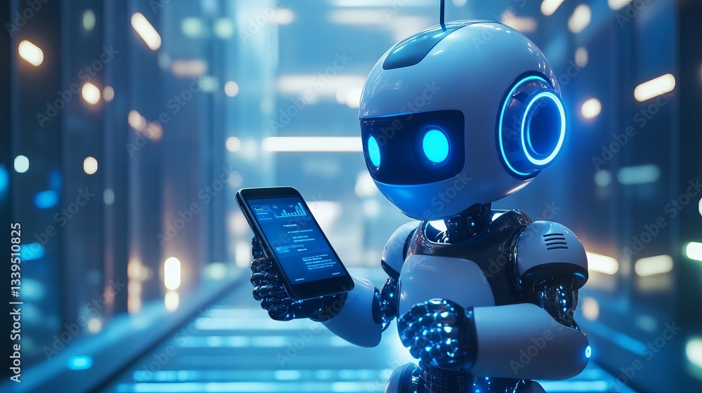 Poster a blue robot character interacts with a smartphone showcasing ai and daily technology ideal for futu
