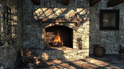 A cozy stone fireplace with a crackling fire is burning brightly
