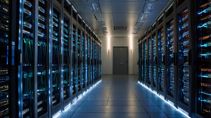 A server room filled with rows of glowing hard drives and cables, representing high-tech infrastructure