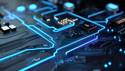 A close-up of a highly detailed, intricately designed computer circuit board with glowing neon blue traces that pulsate softly, representing digital connections, against a dark, matte black background