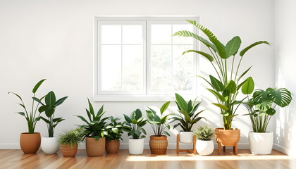 Variety of easy care and air purify indoor tropical house plants in white wall room with sunlight from window casting shadow on wood floor. 3D render for home garden interior decoration background i