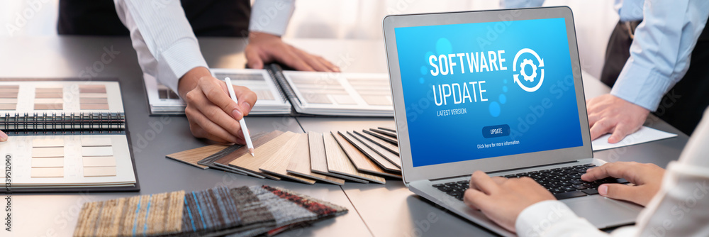 Poster software update on computer for brisk version of device software upgrade