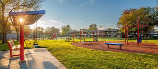 Sunny park playground with shade structure and apartment buildings