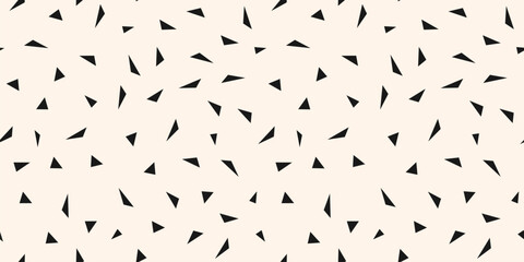 Vector minimalist geometric texture with small chaotic triangles, diamond shapes. Abstract minimal black and white seamless pattern. Simple funky background. Repeated geo design for decor, packaging