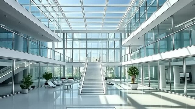 Modern architectural interior of a spacious atrium with glass walls, bright lighting, and greenery