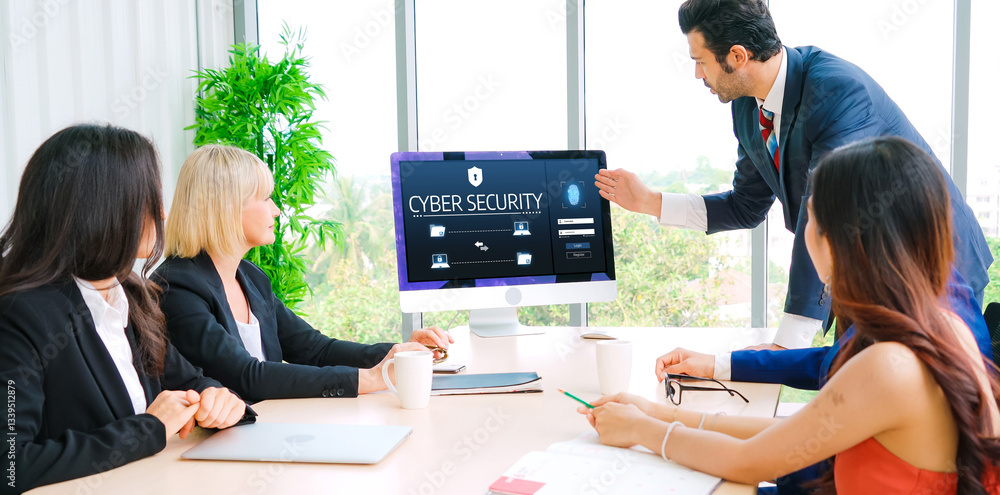 Poster cyber security system on computer screen protect private information snugly from hacker and cyber at