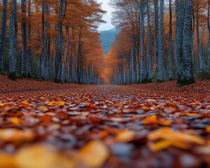 Autumnal path lined with vibrant orange trees and fallen leaves. (2)