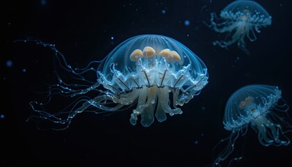 Obraz premium A bioluminescent jellyfish floating in the shadowy ocean depths
