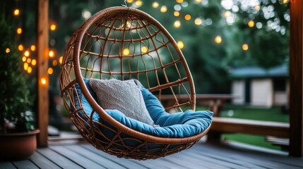 Outdoor wicker hanging chair. Relaxing patio seating, perfect for summer evenings