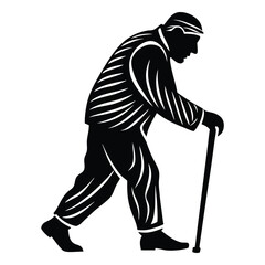 Old man walking and relying on a cane, black color vector silhouette, Silhouette of an old man, with a cane