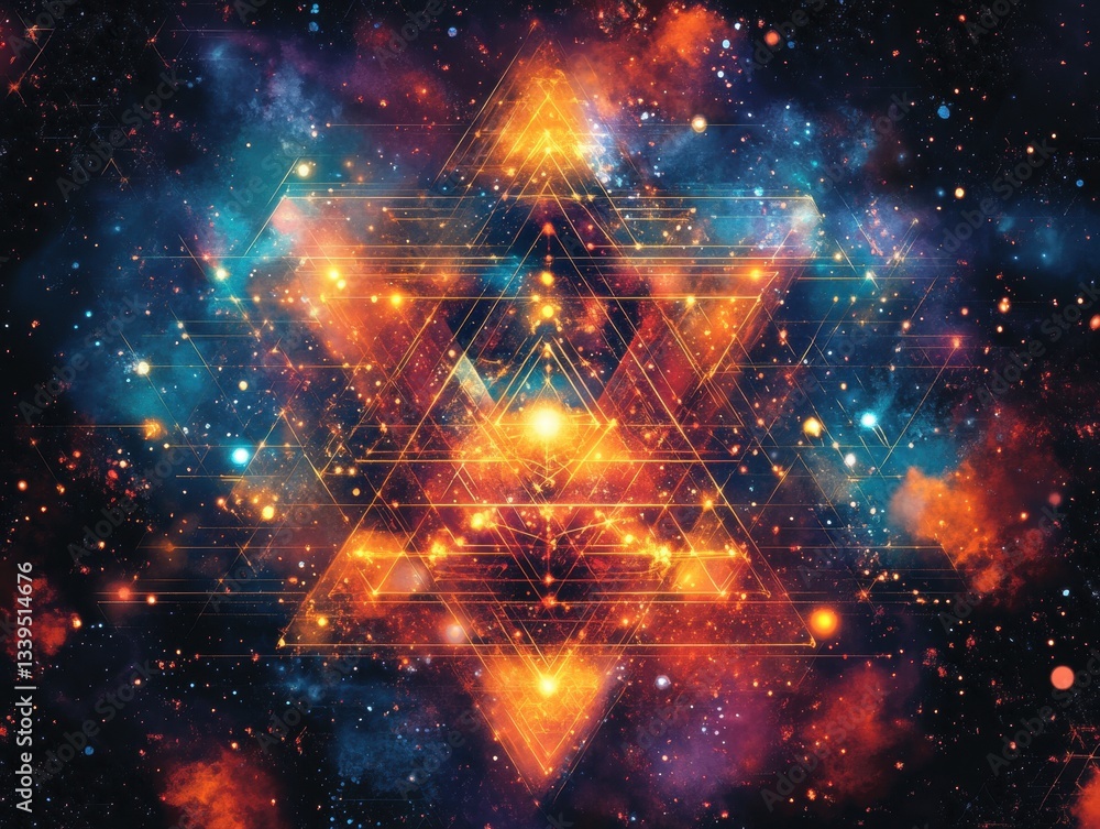 Poster abstract cosmic star of david with glowing geometric lines and nebula clouds against a dark backgrou