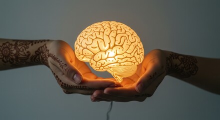 Holding Brain Model in Hands with Decorative Skin Art Design