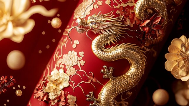 Golden Dragon Adorned Red Vessel With Floral Accents