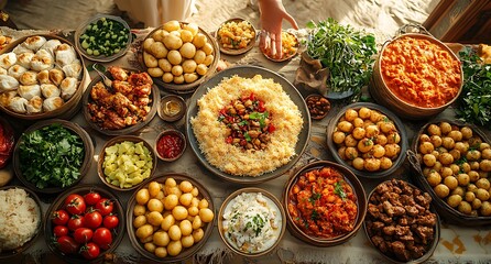 Vibrant Spread of Dishes with Hands Reaching for Food at a Festive Table

