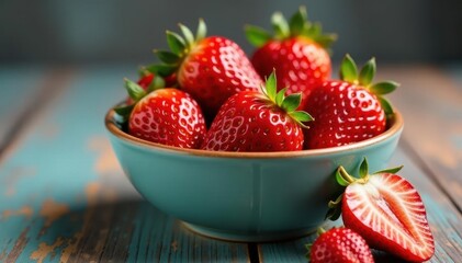 Bowl of vibrant ripe strawberries, juicy and red , strawberries, snack