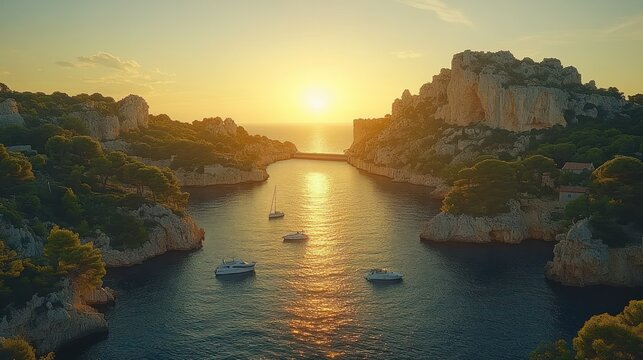 Picturesque sunset over a secluded bay, with yachts nestled in calm waters surrounded by dramatic cliffs. Lush greenery drapes the rocky shores - Powered by Adobe