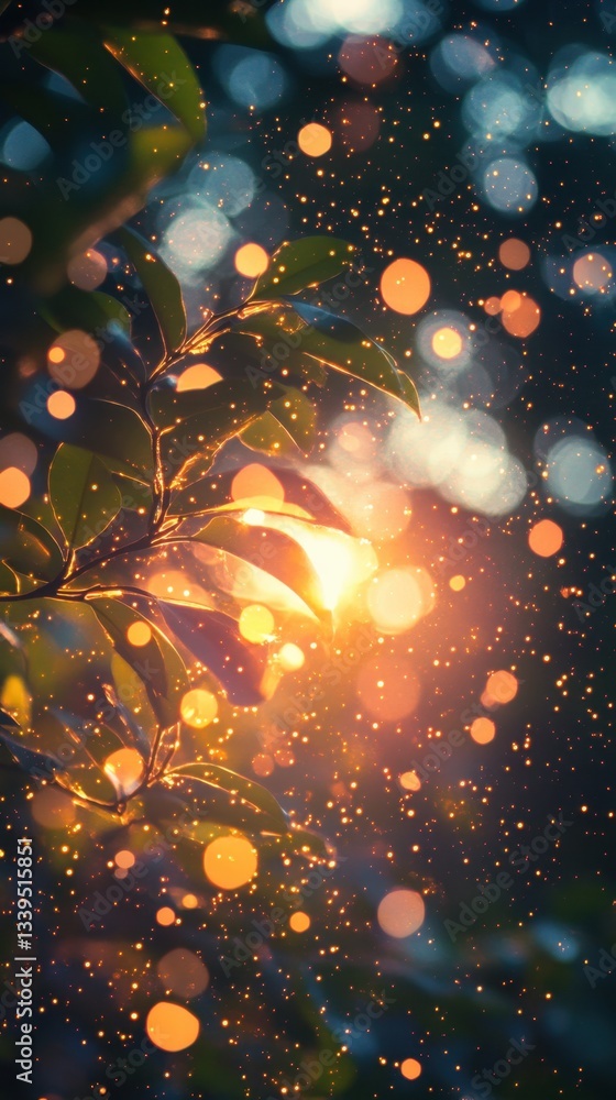 Poster enchanting sunlight filtering through lush green leaves creating a magical bokeh effect and warm gol