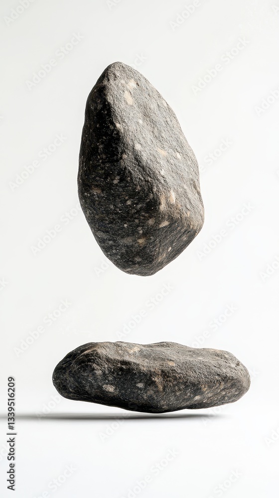 Poster two rocks of different shapes floating on a white background