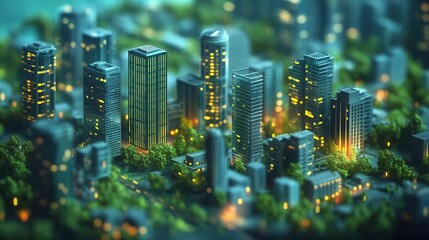 A vibrant city skyline illuminated by lights, showcasing modern skyscrapers and greenery.