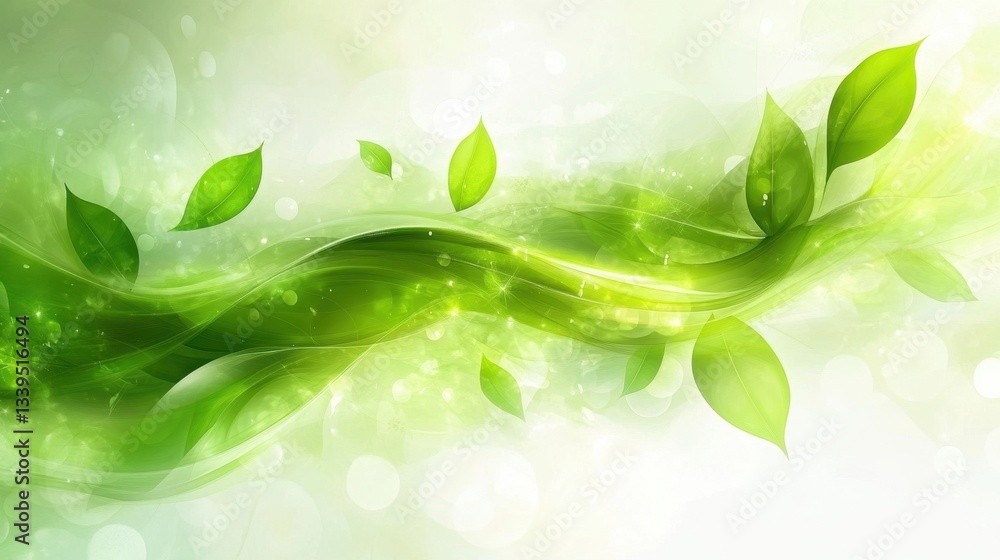 Poster fresh green leaves on abstract flowing background creating a vibrant and natural design with bokeh l