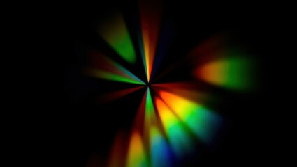 Blurred rainbow refraction overlay effect. Light lens prism effect on black background. Holographic reflection, crystal flare leak shadow overlay. 