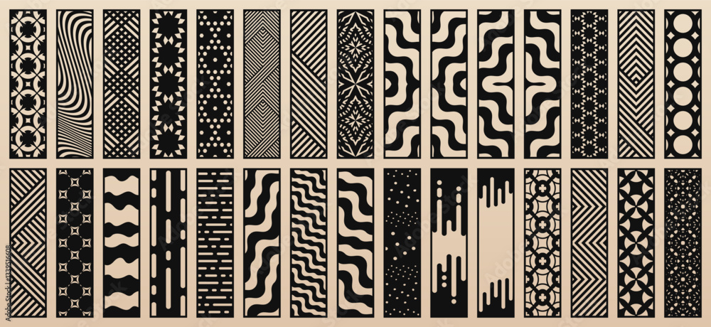 Poster Big vector collection of 30 templates for laser, CNC cut. Modern design with abstract linear geometric patterns, floral ornaments. Stencils for cutting of wood, paper, metal, plywood. Aspect ratio 1:4