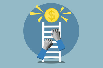 Collage, business concept. Hands climbing a ladder to a gold coin. Profit increase.