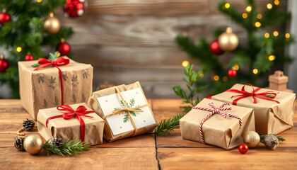 Christmas and zero waste, eco friendly packaging gifts in kraft paper on a wooden table, eco christmas holiday concept, eco decor banner , with white tonespng