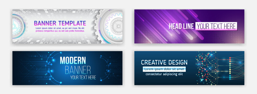 Data protection, internet communication, science, big data, cover design set. Sci-fi vector sample concept. High-tech horizontal banner template. Modern banner design with technology element.