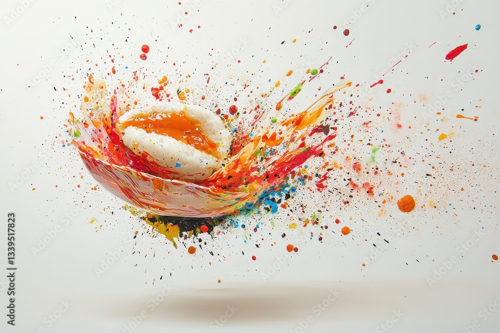 Poster a floating dish with food and exploding multicolored paint splashes