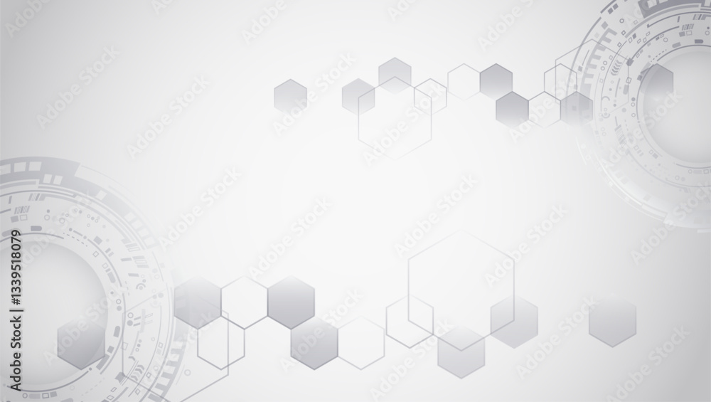 Fototapete Abstract futuristic communication. Hi-tech grey background with various technology elements. Vector illustration of circuit board and hexagons.