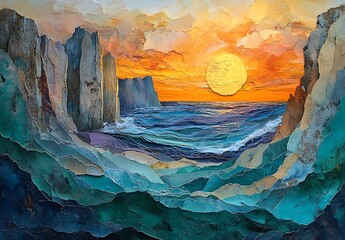 Vibrant Sunset Over Rocky Cliffs with Glow Reflecting on Ocean Waves

