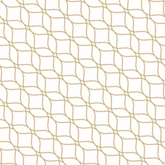 Golden vector seamless pattern in oriental style. Diagonal mesh, grid, lattice, thin curved lines. Abstract minimal geometric ornament. Gold and white background texture. Luxury repeated geo design