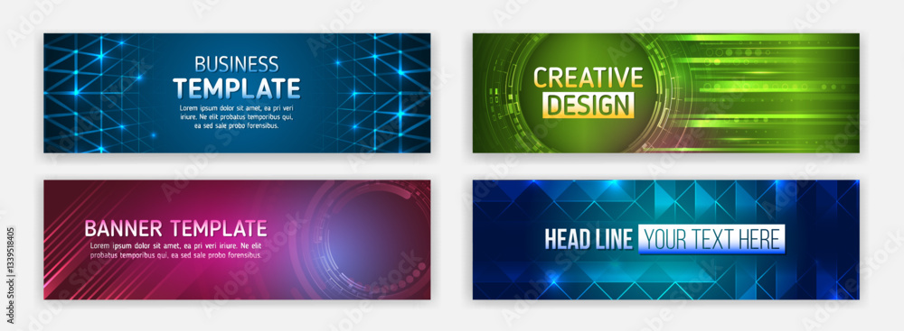 Poster High-tech horizontal banner template. Modern banner design with technology element. Data protection, internet communication, science, big data, cover design set. Sci-fi vector sample concept.