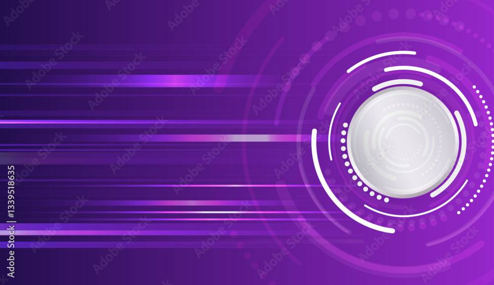 Poster Hi-tech computer digital technology concept. Wide purple background with various technological elements. Abstract circle and circuit board technology communication, vector illustration.