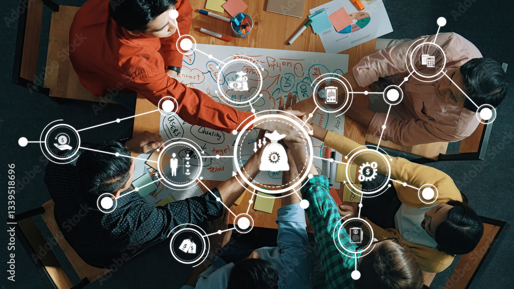 Poster collaborative teamwork over a table displaying business strategies and data insights in a modern wor