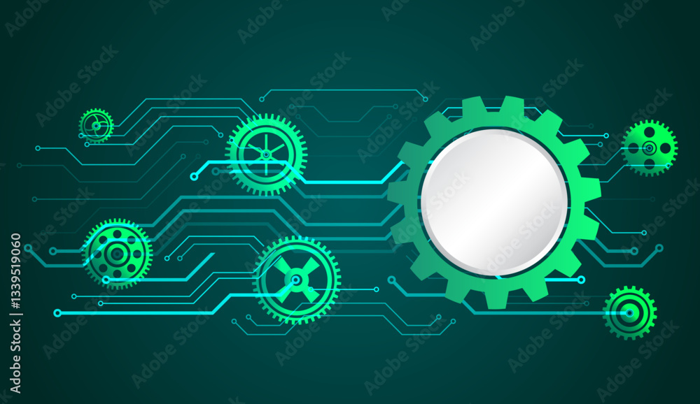 Poster Business and industry internet banner. The mechanism consisting of gears on a green background for the presentation. Cogwheel for science experiment presentation. Futuristic high tech concept.